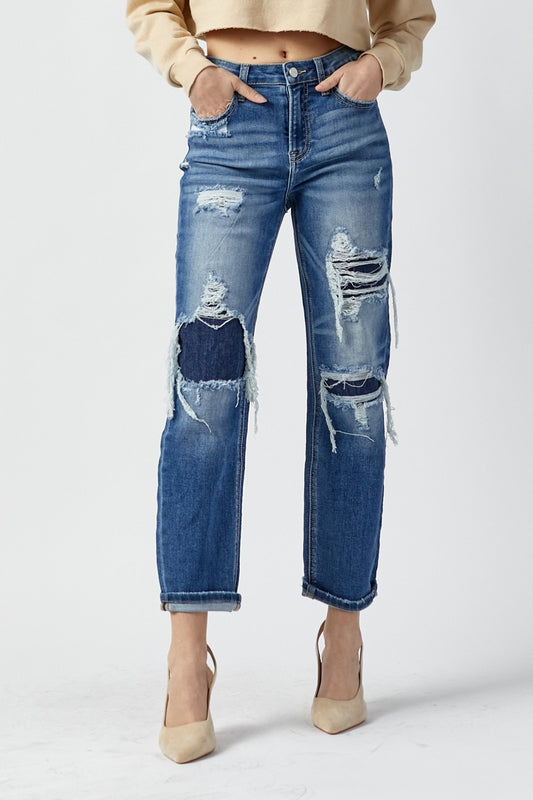 Risen Patched Straight Denim Jeans