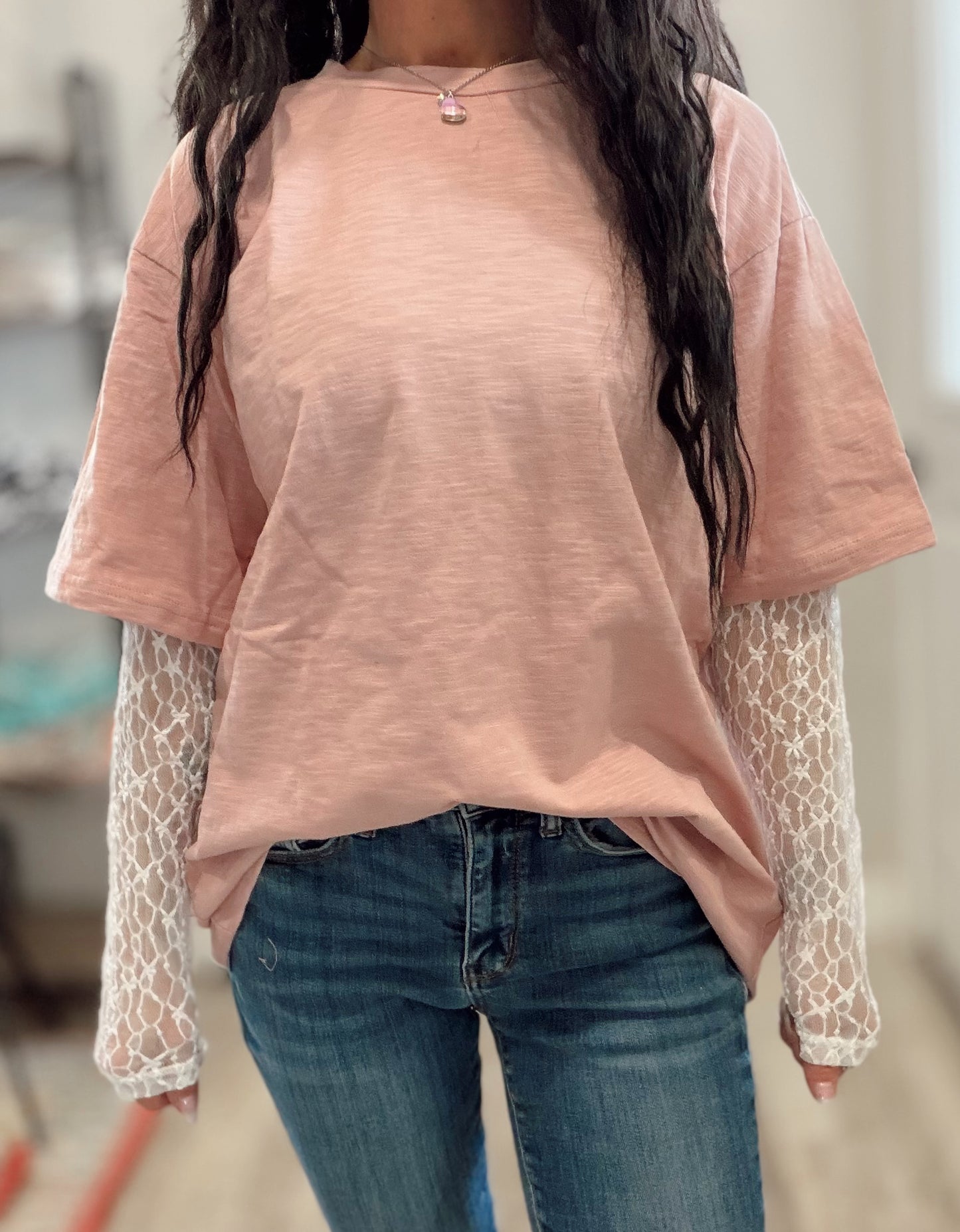 Mauve Lace Sleeve Tee