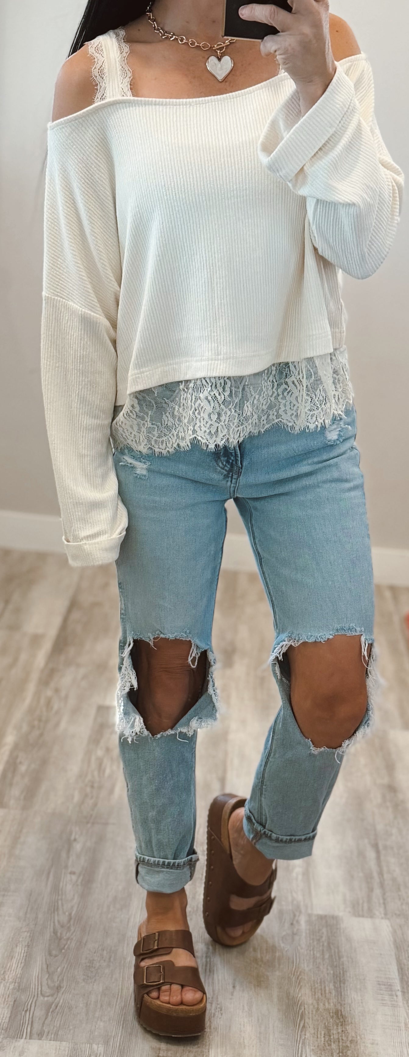 Lace Layer and Trim Off Shoulder Top