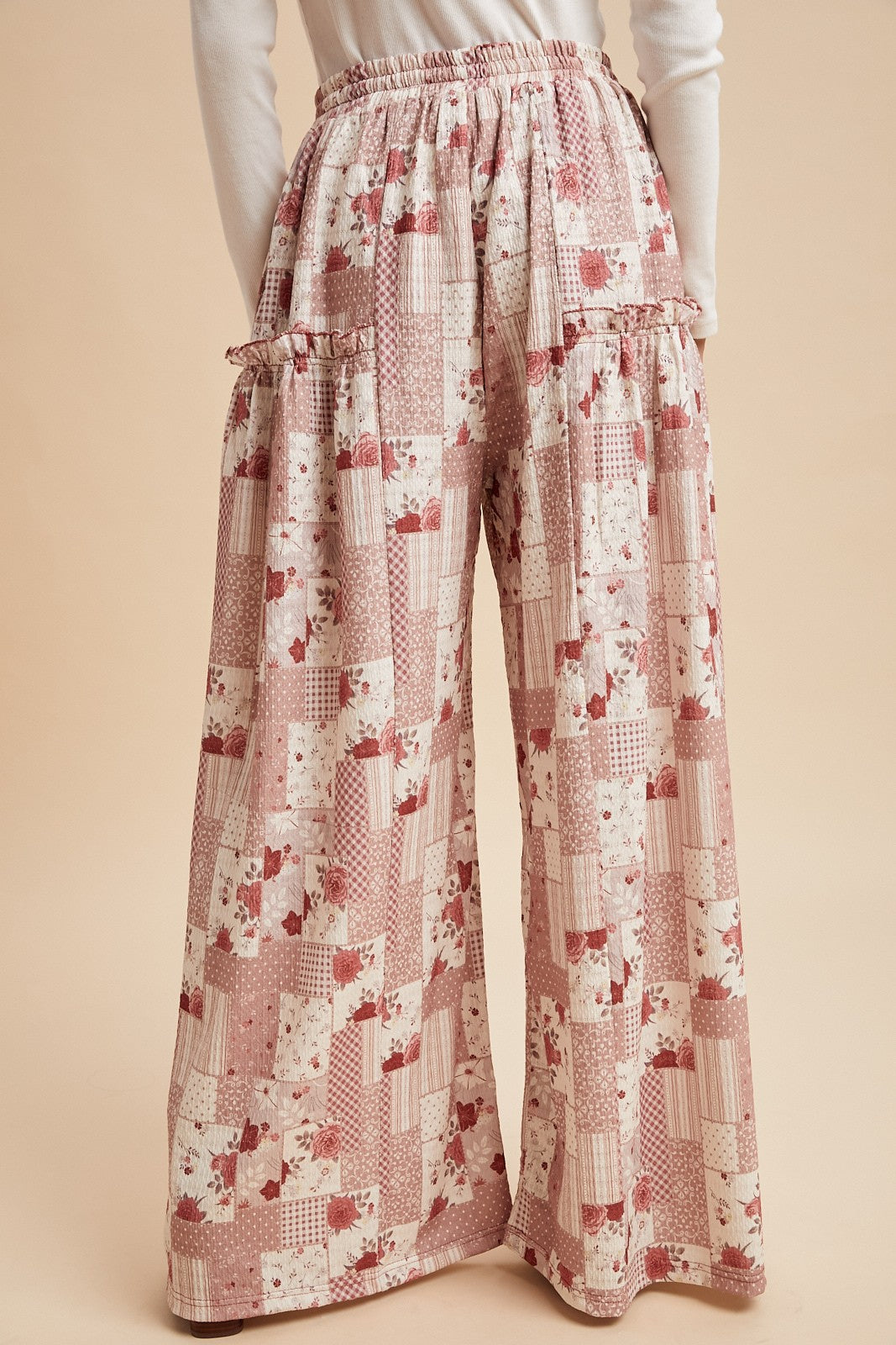 PATCHWORK PRINT TEXTURED KNIT WIDE LEG PANTS
