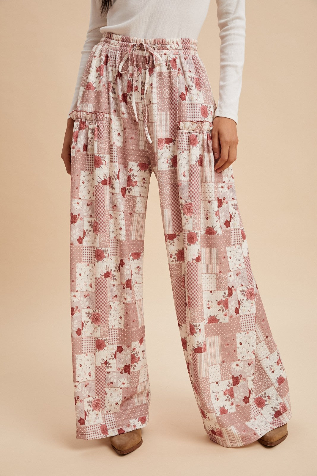 PATCHWORK PRINT TEXTURED KNIT WIDE LEG PANTS