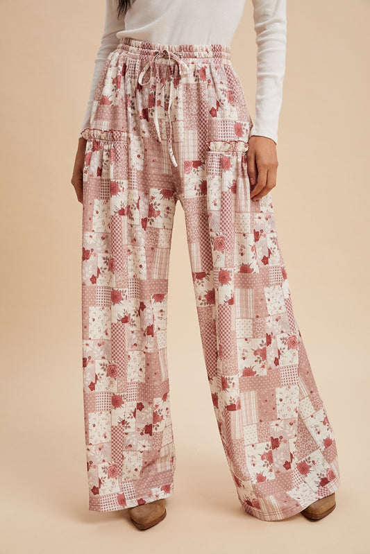 PATCHWORK PRINT TEXTURED KNIT WIDE LEG PANTS