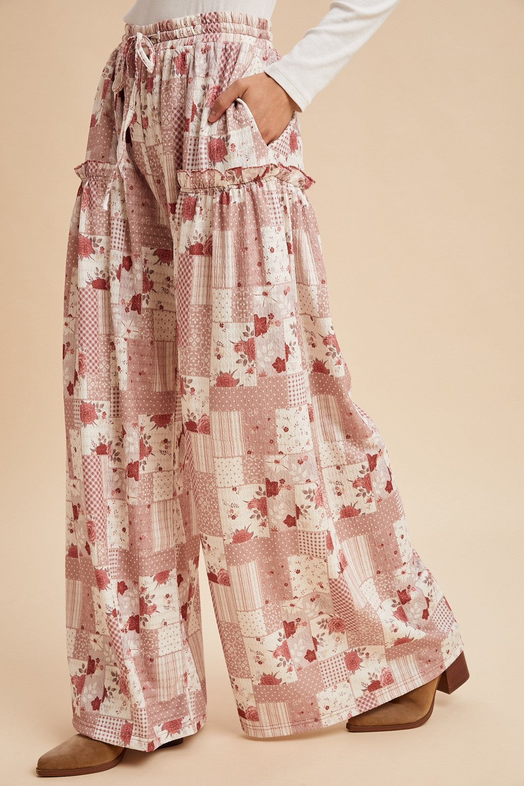 PATCHWORK PRINT TEXTURED KNIT WIDE LEG PANTS