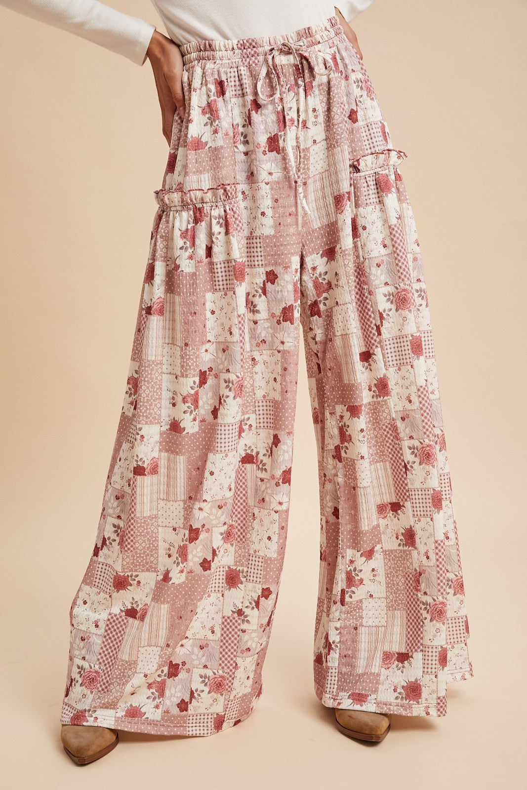 PATCHWORK PRINT TEXTURED KNIT WIDE LEG PANTS