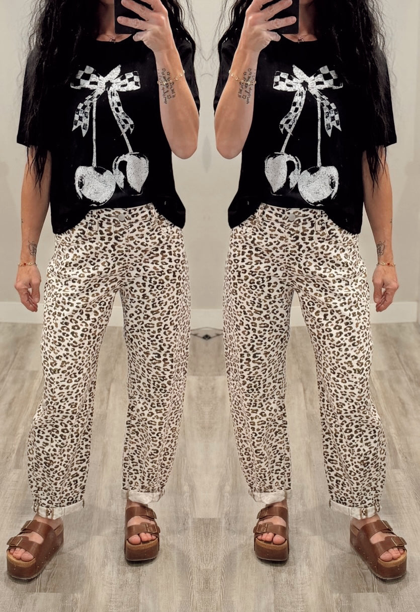 Risen Cream Cheetah Barrel Jeans
