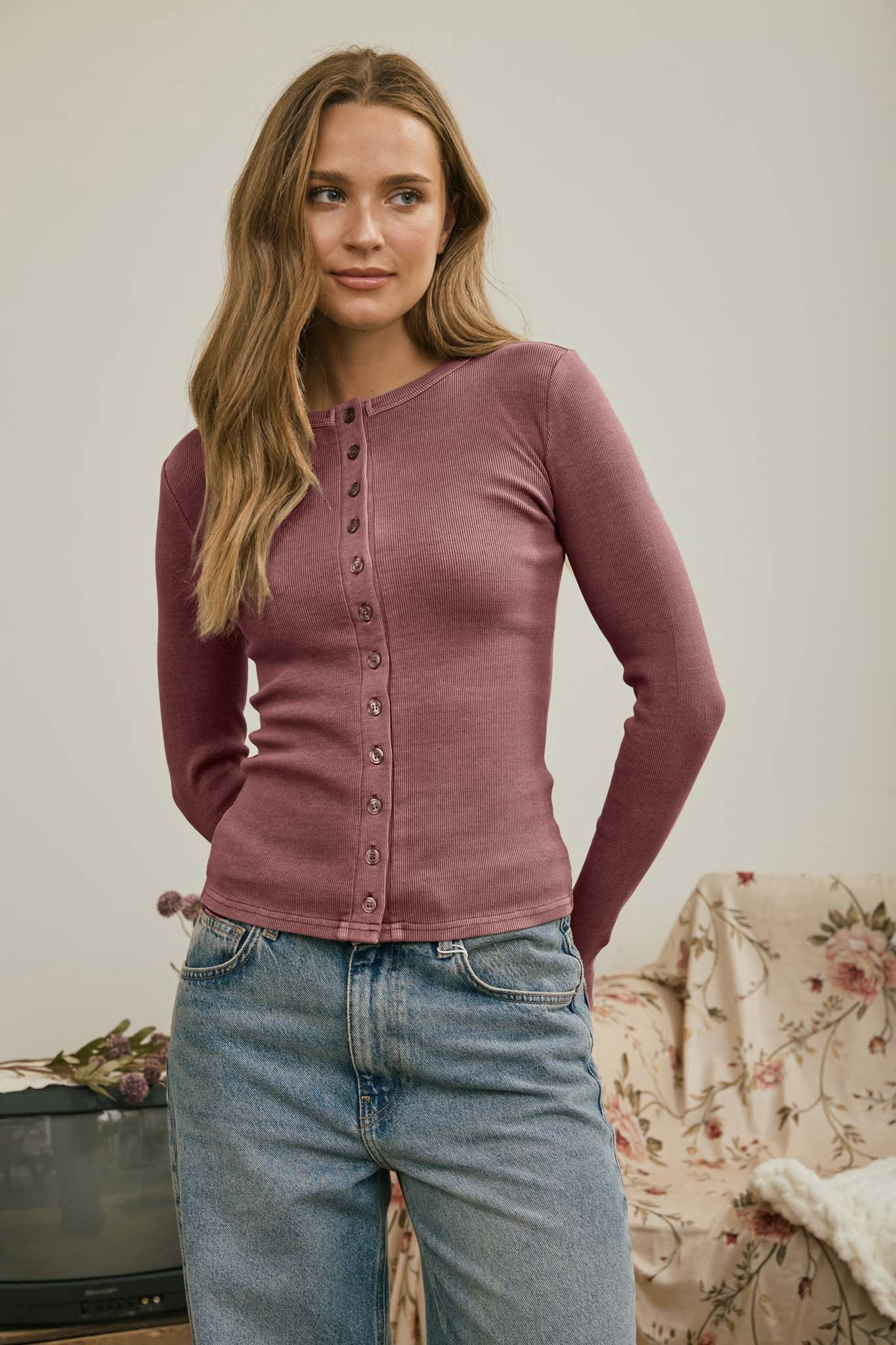 Full Button Ribbed Long Sleeve