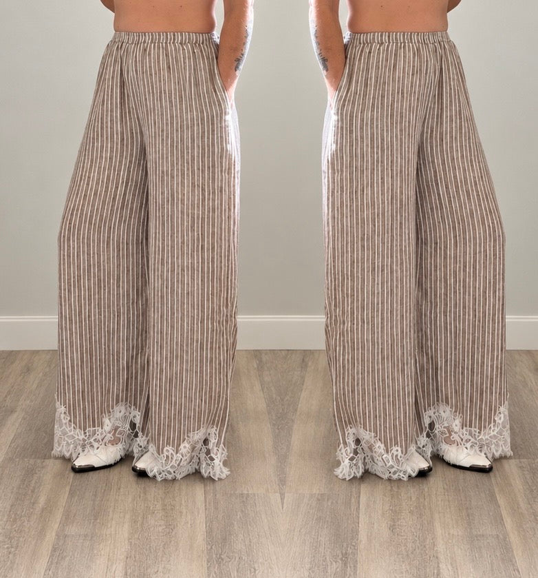 Striped Lace Hem Wide Pants