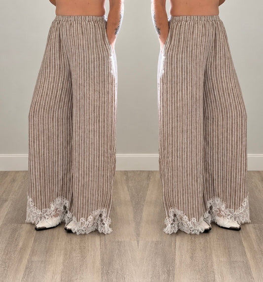 Striped Lace Hem Wide Pants