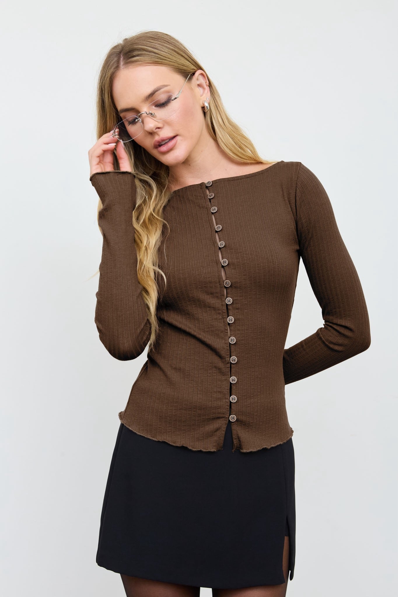 Button Down Long Sleeve Lettuce Hem Tops