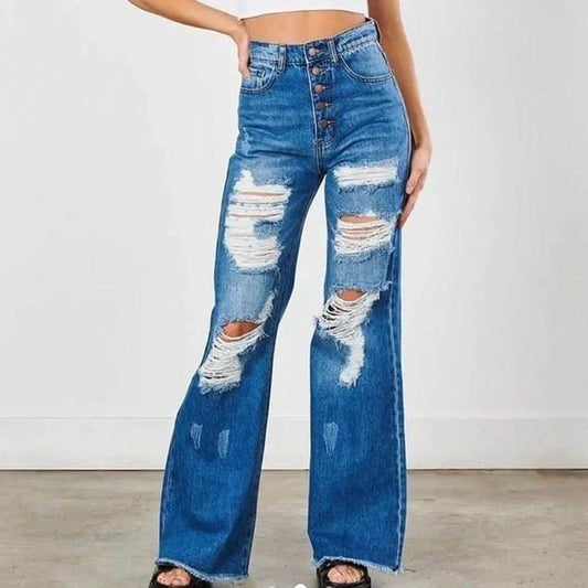 Buttonfly destroyed wide leg denim ￼