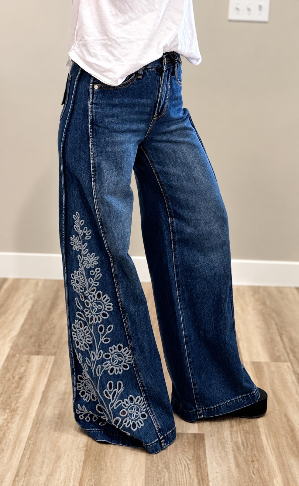 Saige Embroidered Wide Leg Denim