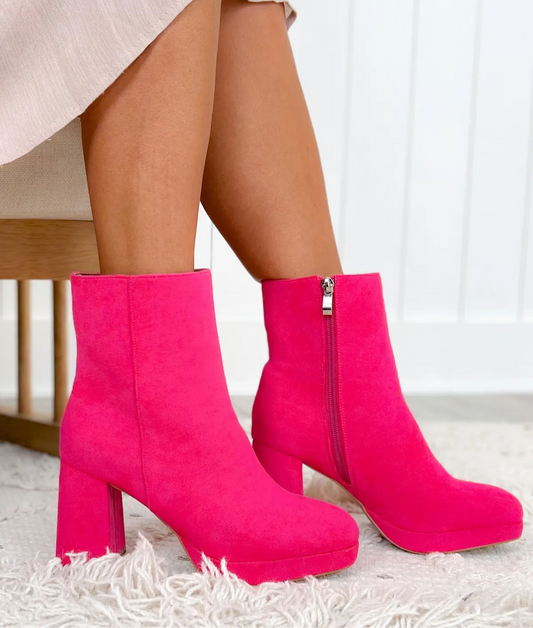 Shut the Front Door Chunky Fuchsia Suede Booties