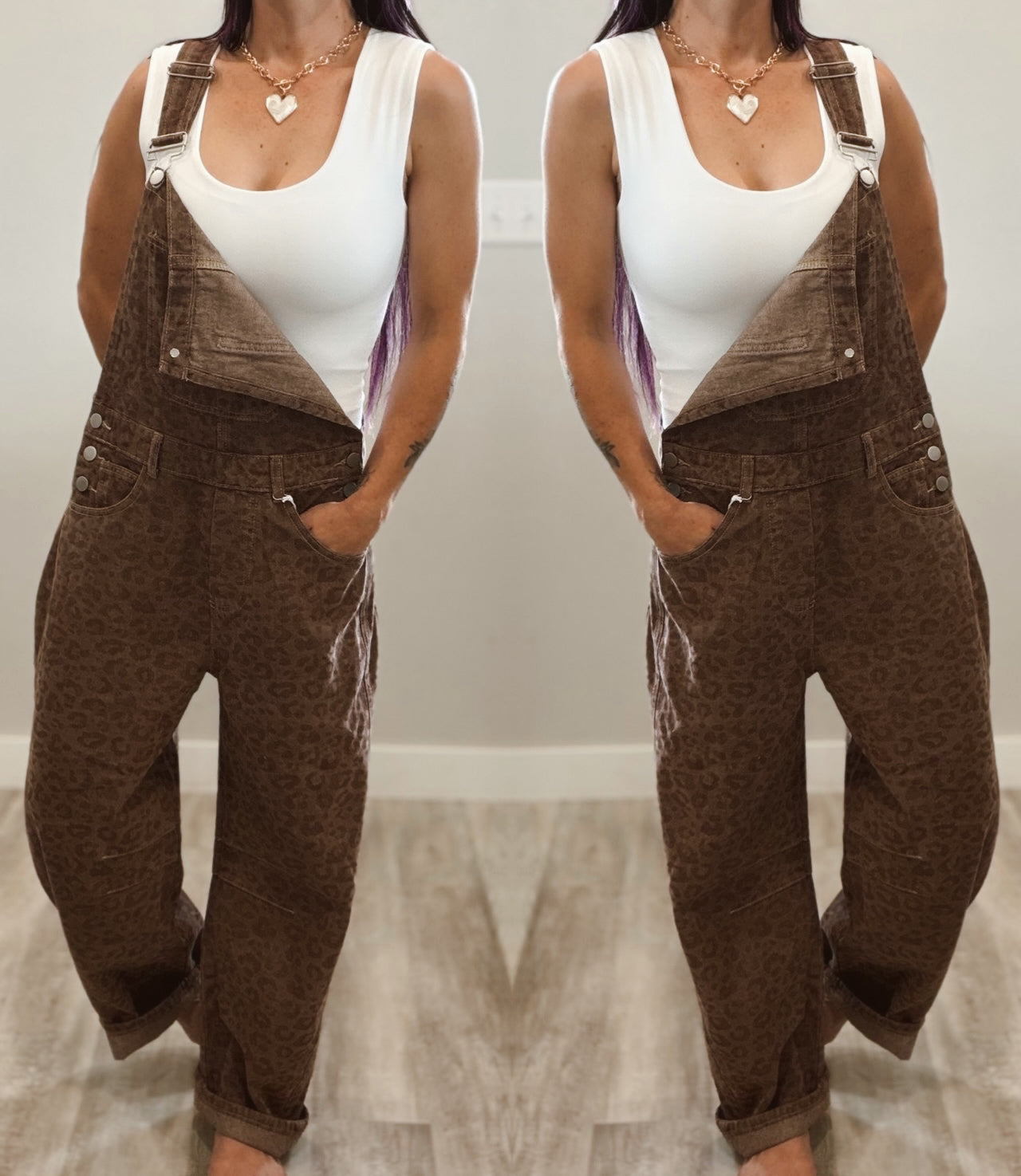 Vintage Mocha Leopard Barrel Overalls