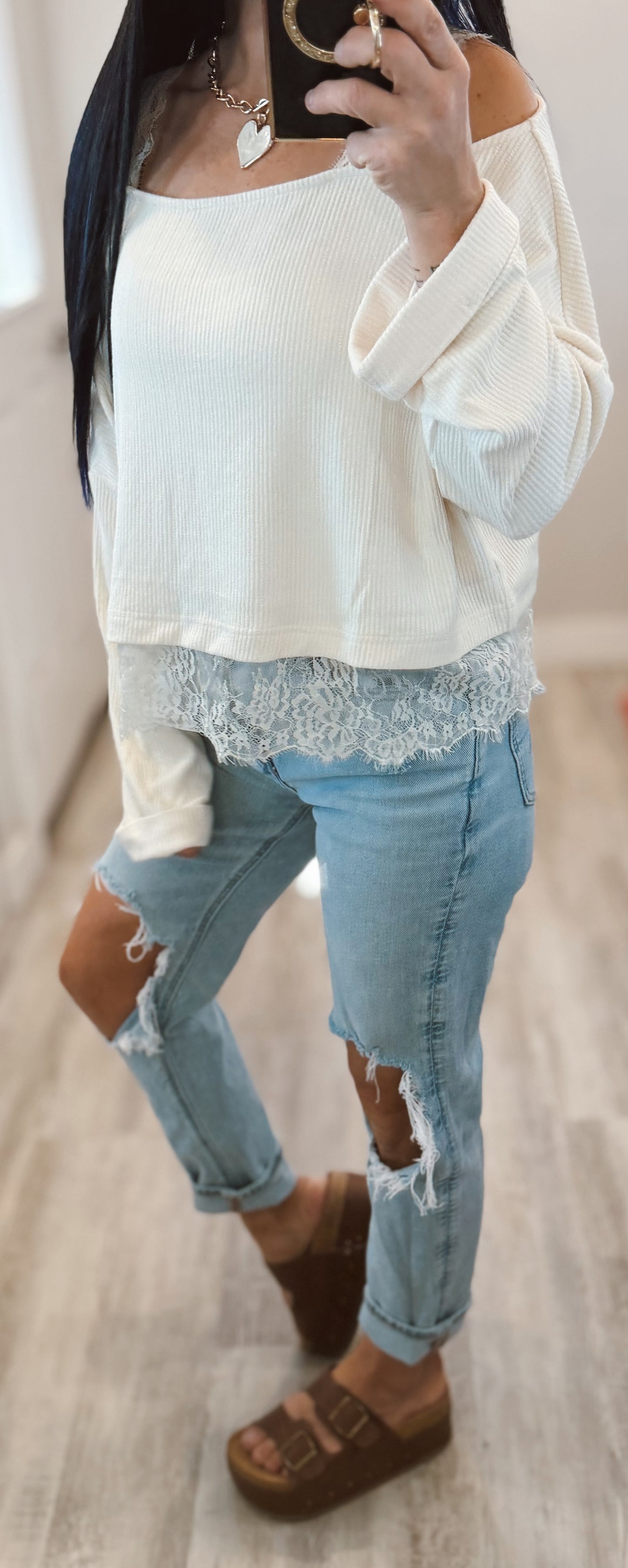 Lace Layer and Trim Off Shoulder Top