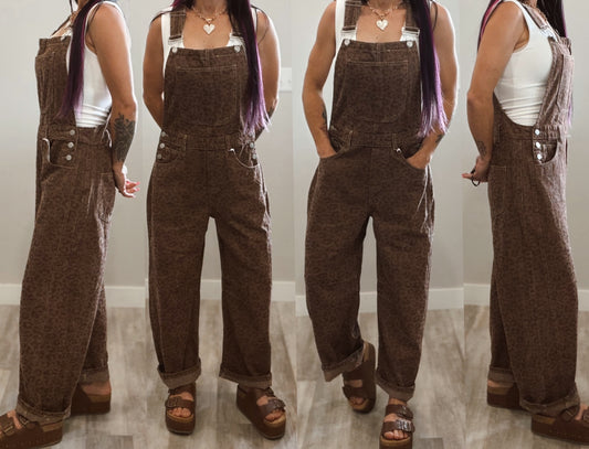 Vintage Mocha Leopard Barrel Overalls