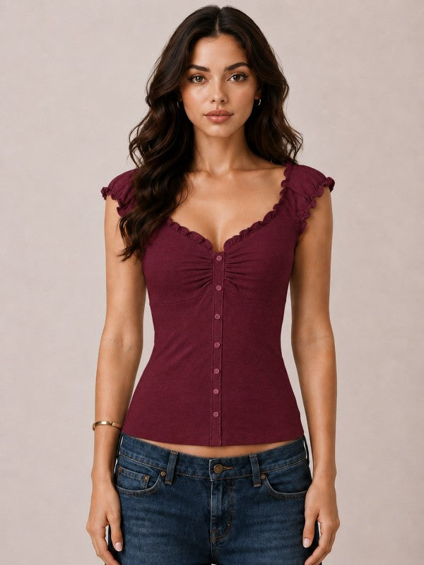Button Frill Sleeveless Top