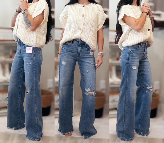 Risen Wide Leg Mid Rise Denim