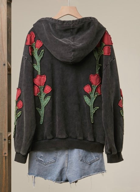 Embroidered Floral Zip Up Hoodie ￼