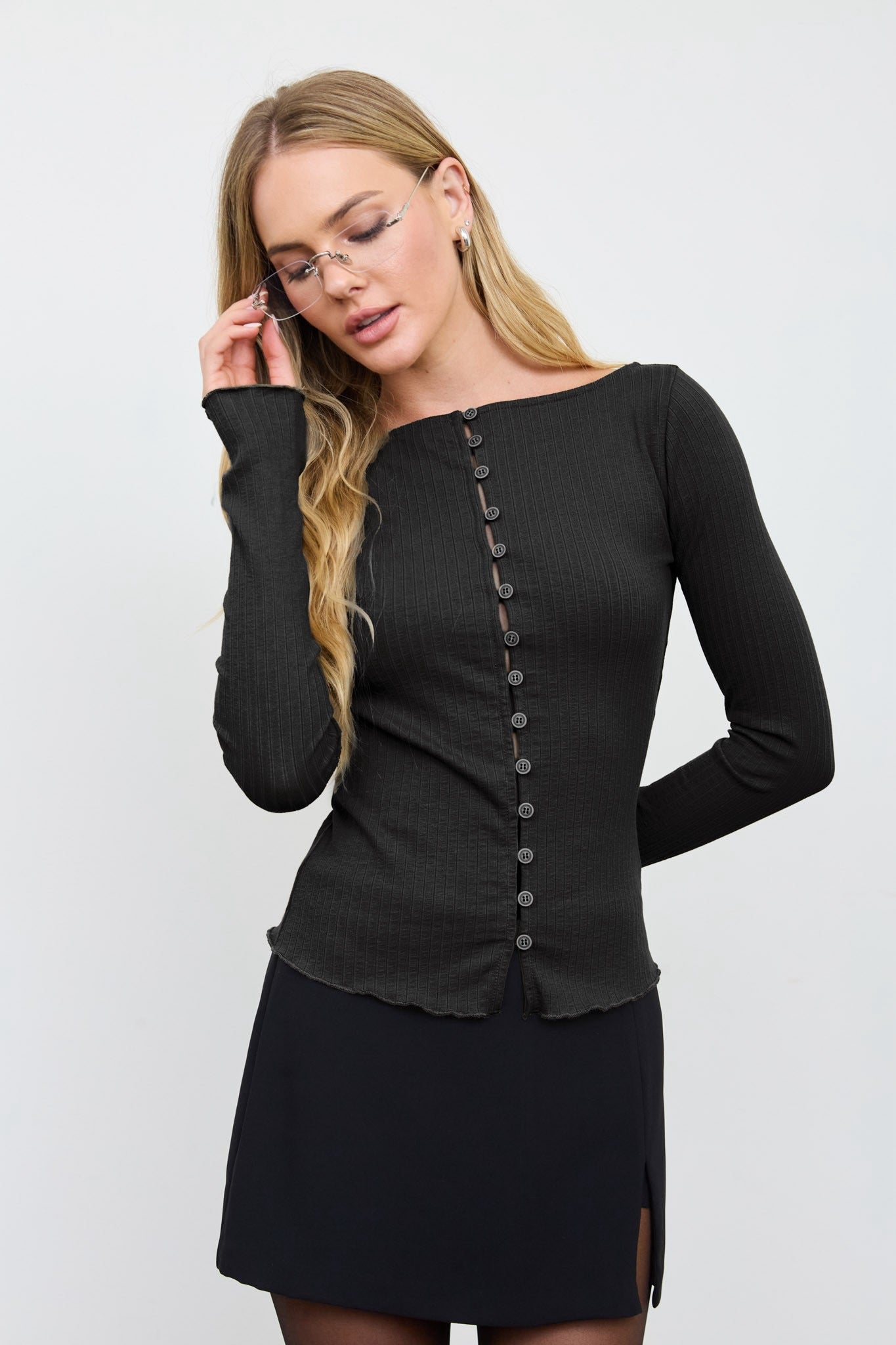 Button Down Long Sleeve Lettuce Hem Tops
