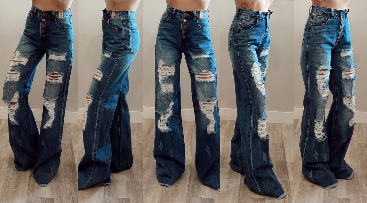 Buttonfly destroyed wide leg denim ￼