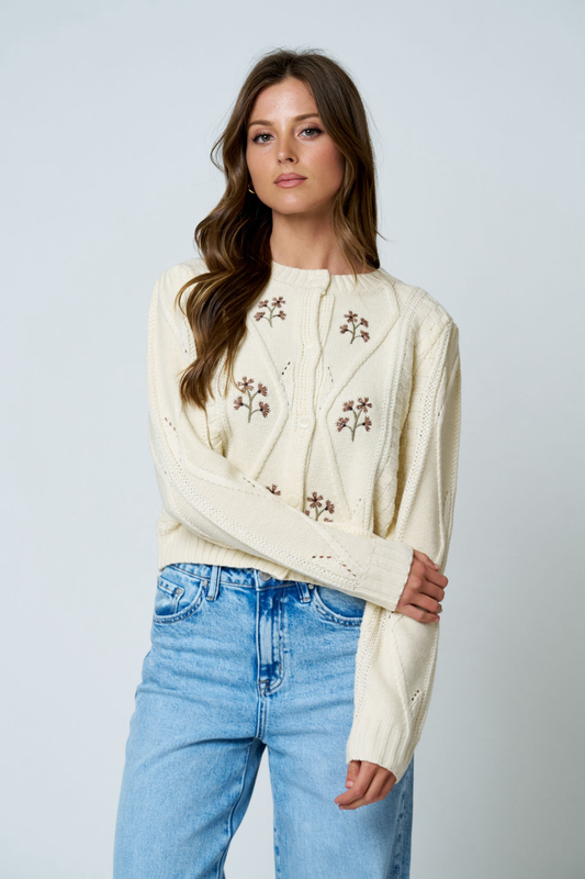 Floral Embroidered Cable Knit Button Down Cardigan
