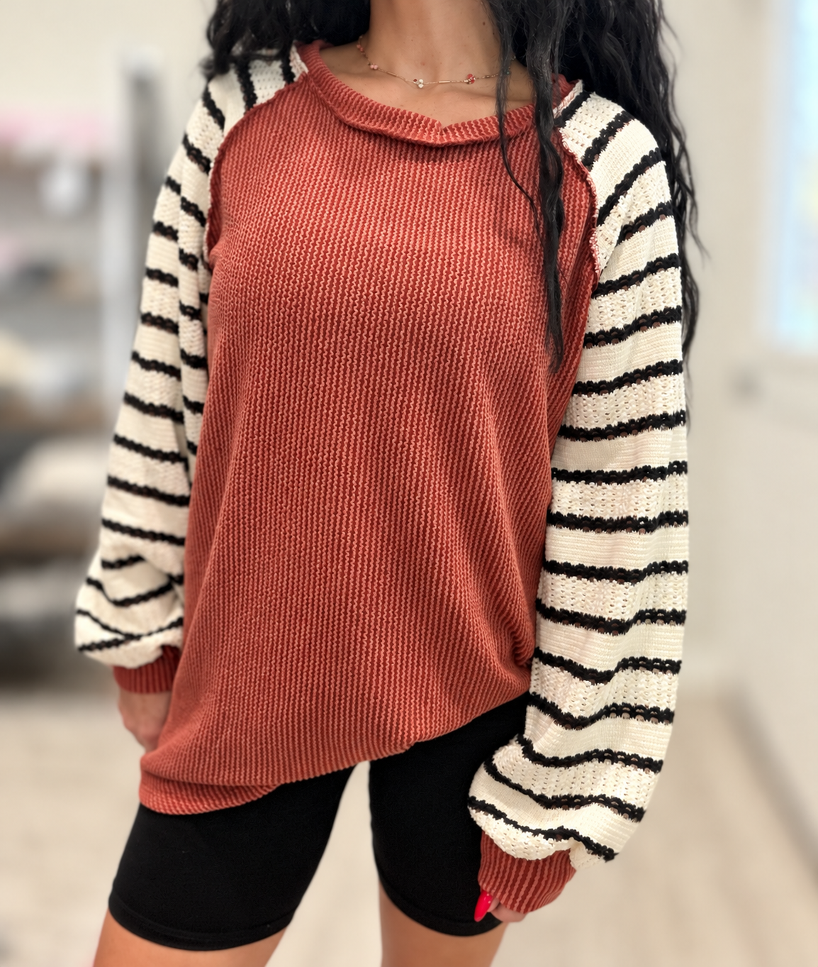 Rust ribbed contrast sleeve top
