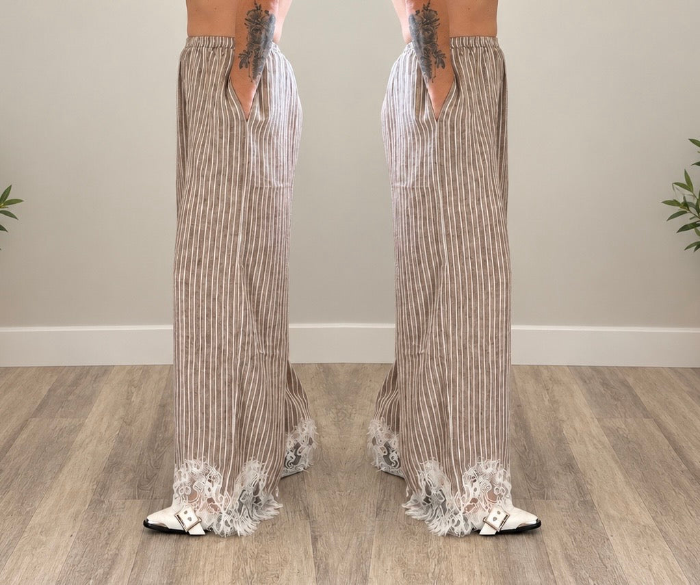 Striped Lace Hem Wide Pants