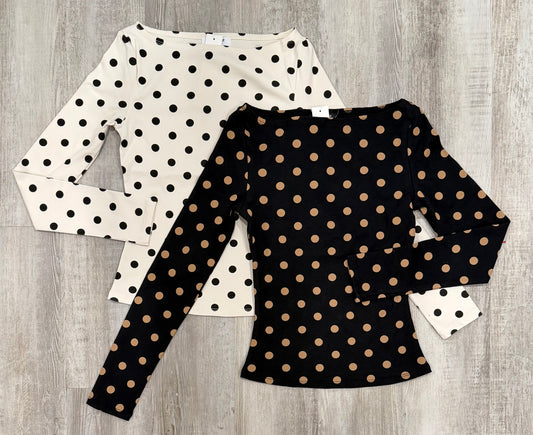 Boat Neck Long Sleeve Polka Dot Tops