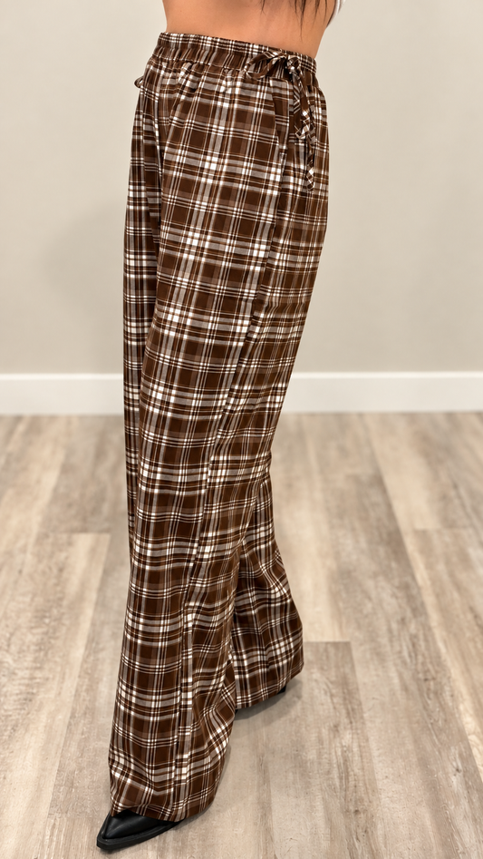 Plaid Straight Leg Waist Tie Pants