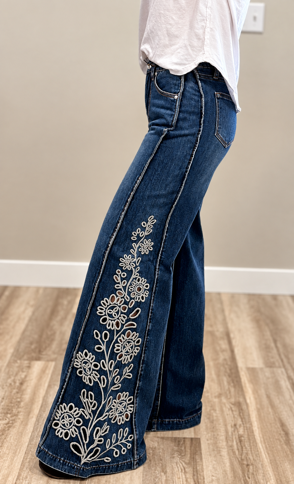 Saige Embroidered Wide Leg Denim