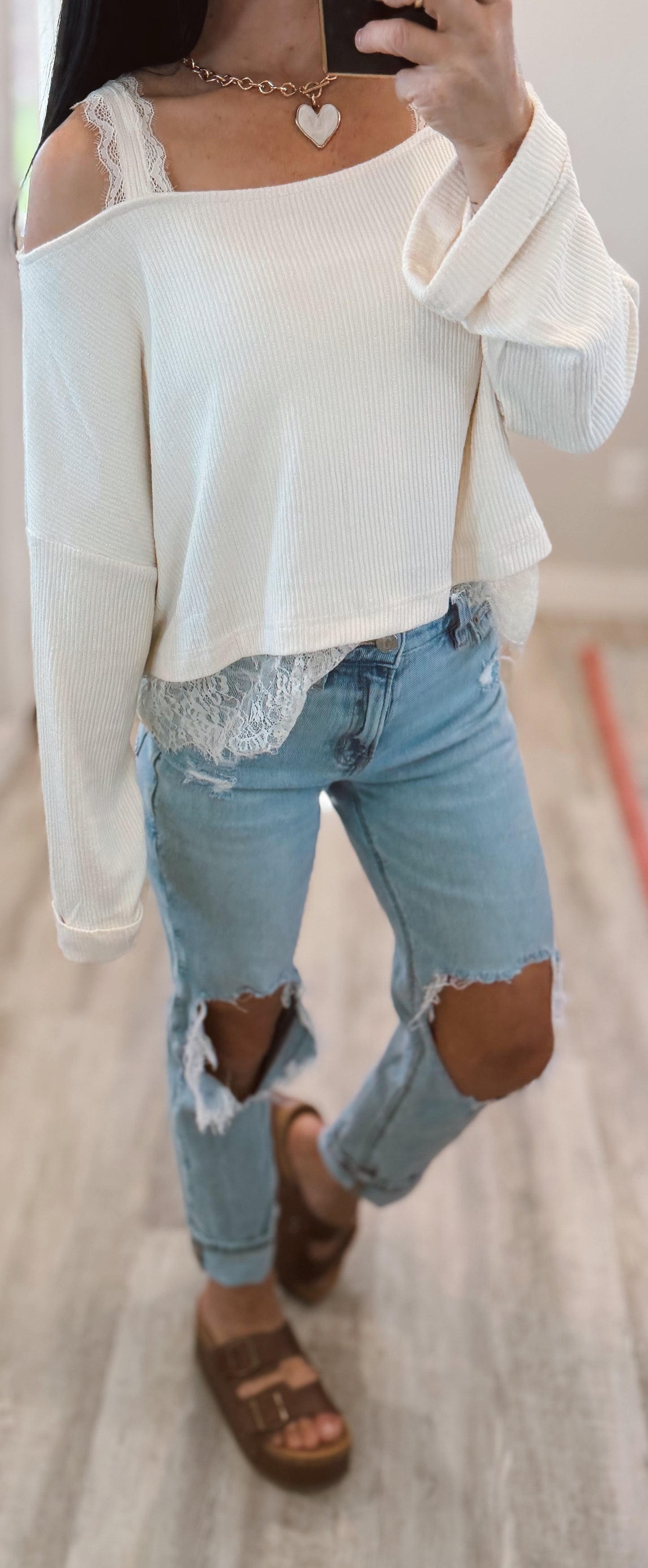 Lace Layer and Trim Off Shoulder Top