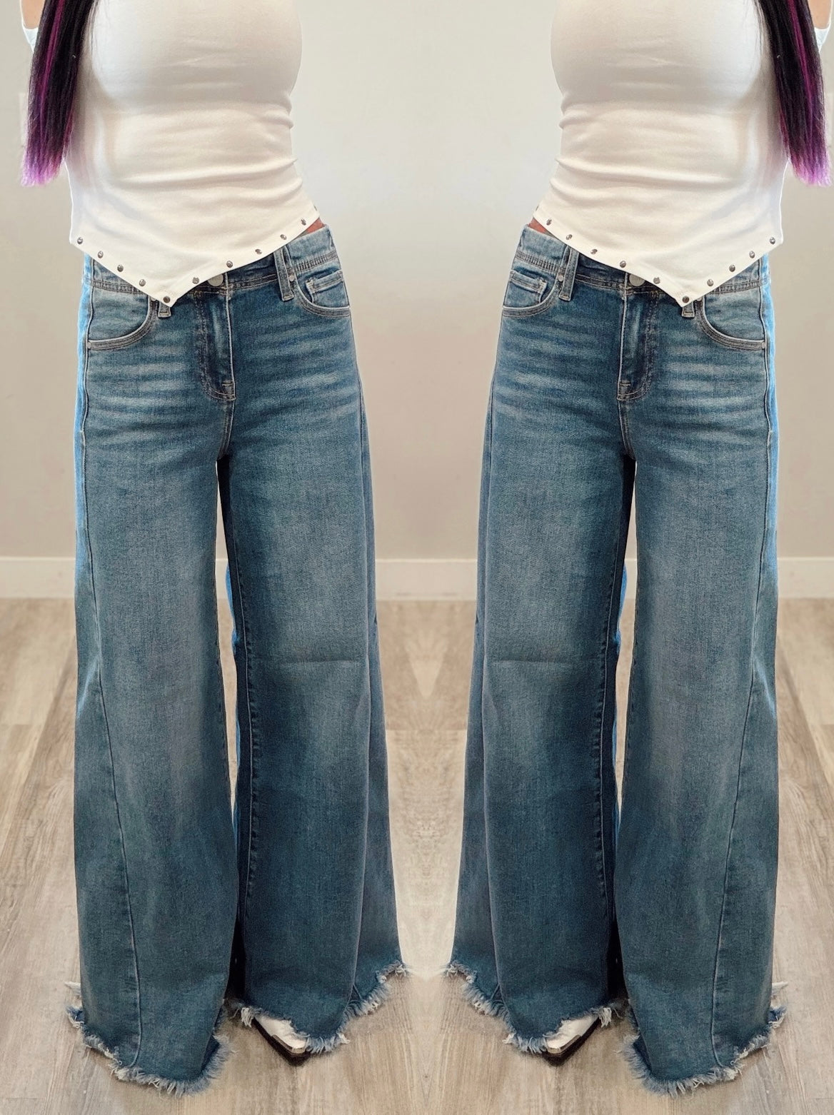 Risen Raw Hem Wide Leg Denim