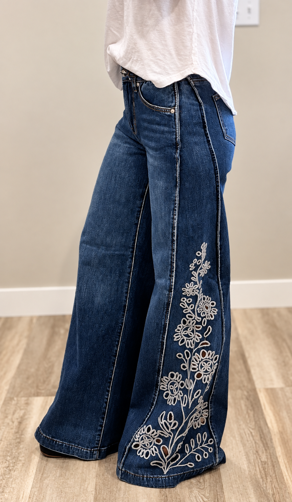 Saige Embroidered Wide Leg Denim