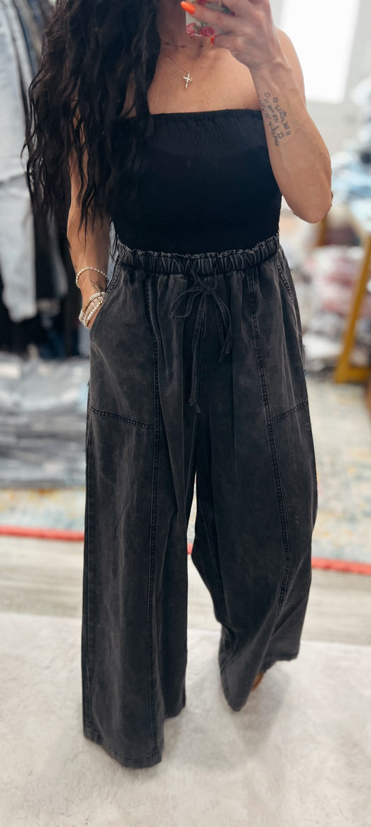 Smocked denim jumpsuit