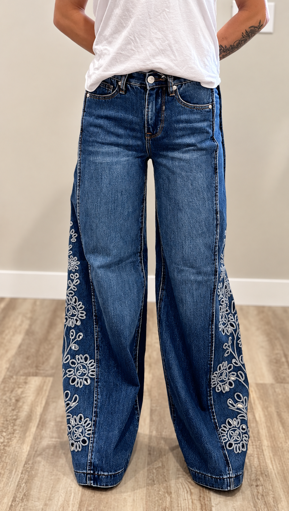 Saige Embroidered Wide Leg Denim