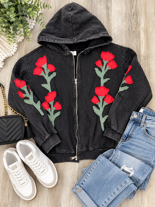 Embroidered Floral Zip Up Hoodie ￼