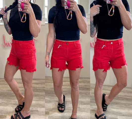 Ruby Red Distressed Shorts