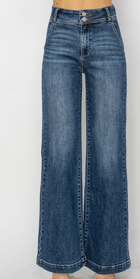 Risen Double Button Wide Leg Jeans