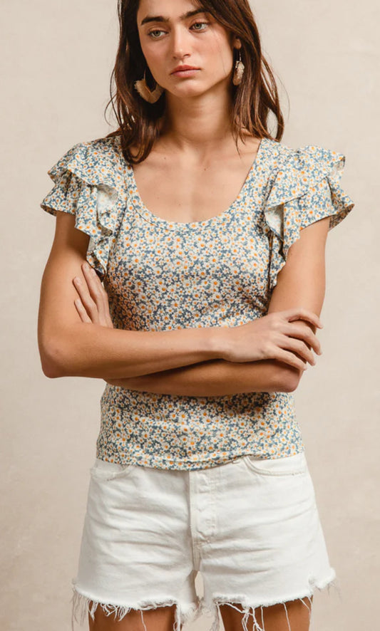 Dusty Blue Ruffle Sleeve Top