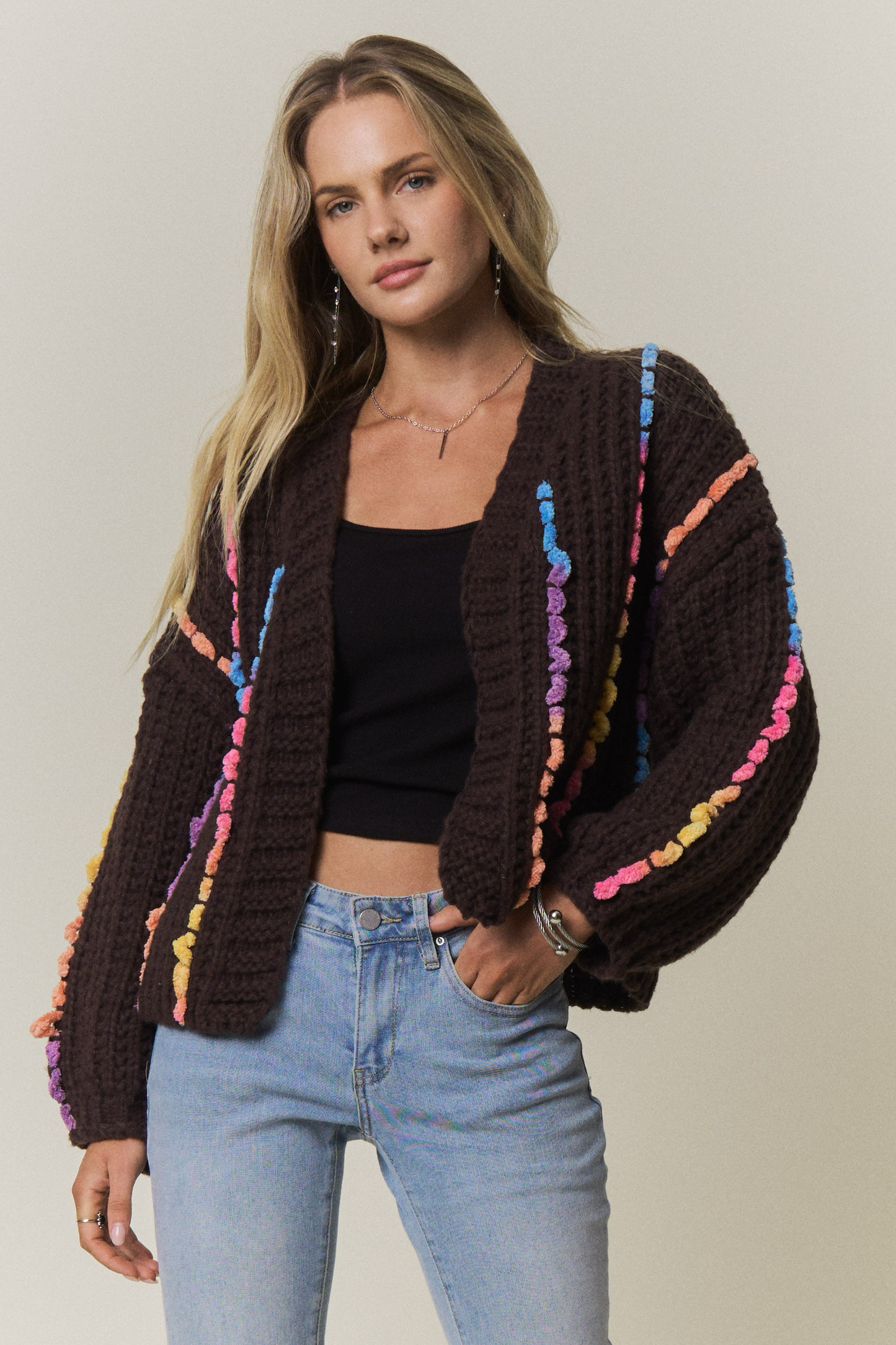 Multicolor Chunky Knit Open Front Cardigan