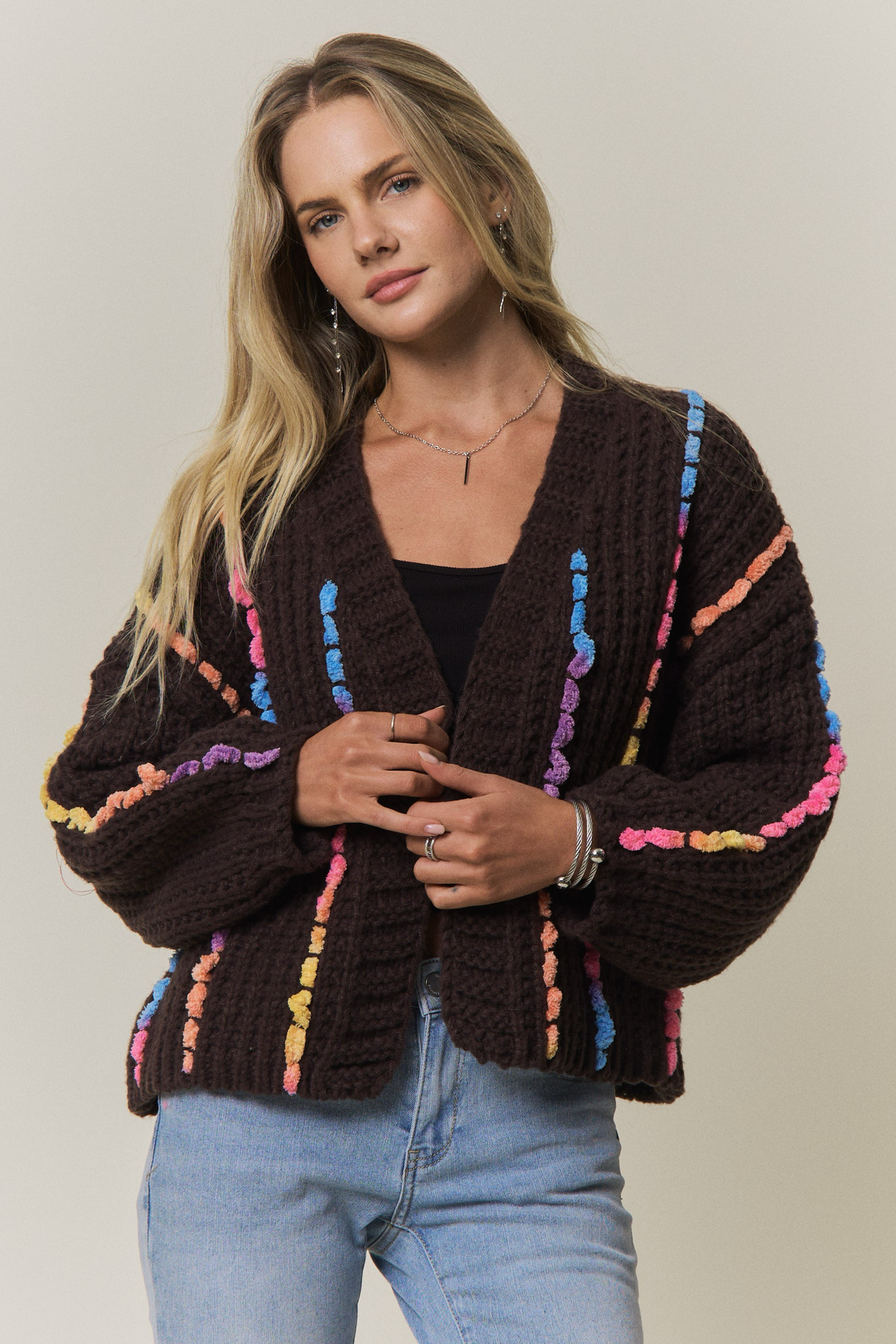 Multicolor Chunky Knit Open Front Cardigan
