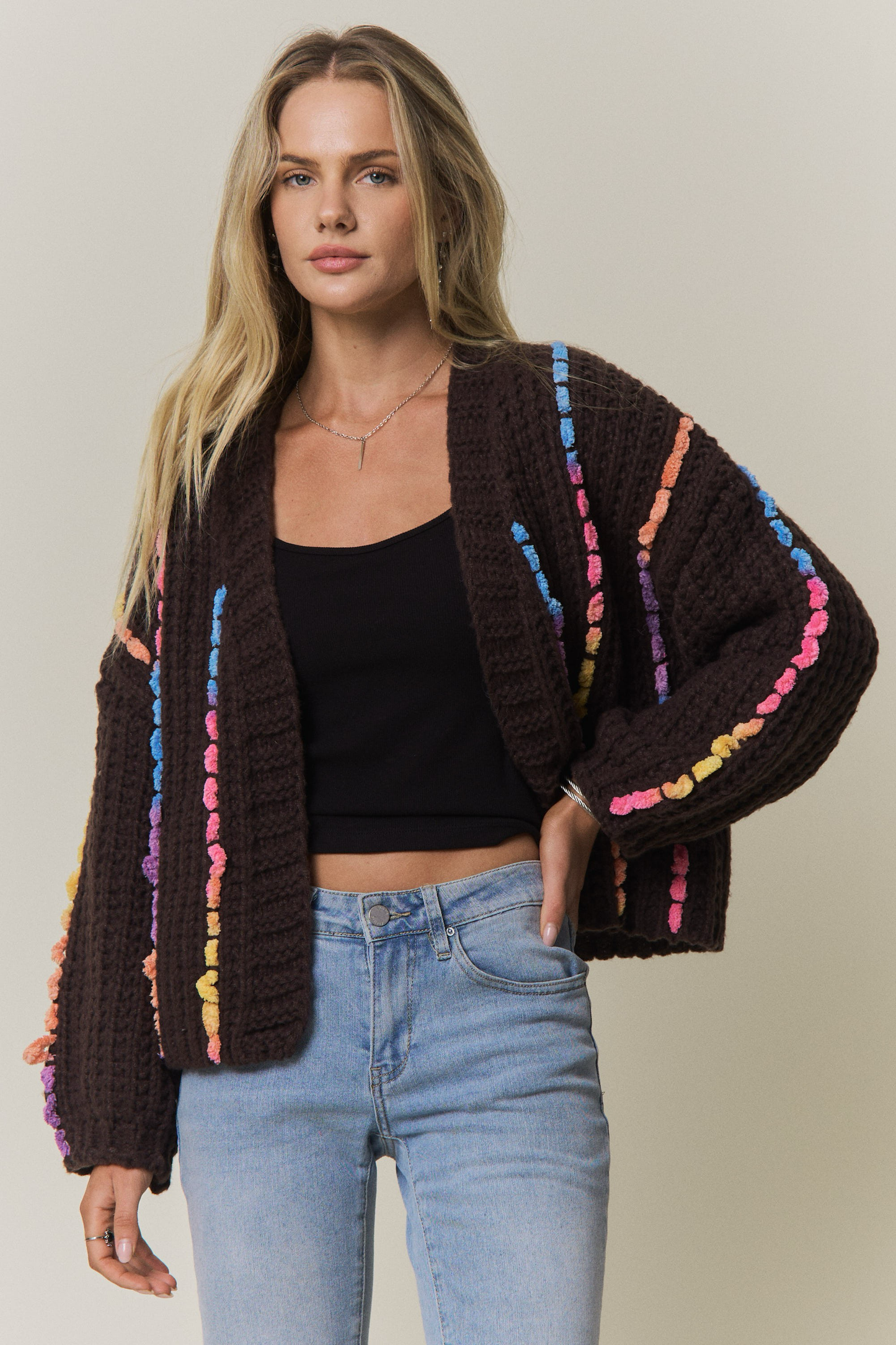 Multicolor Chunky Knit Open Front Cardigan