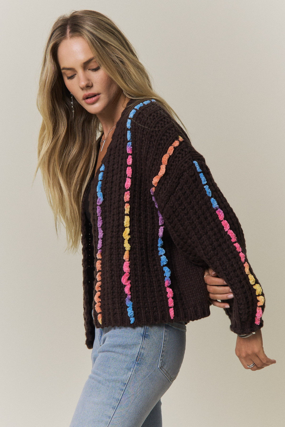 Multicolor Chunky Knit Open Front Cardigan