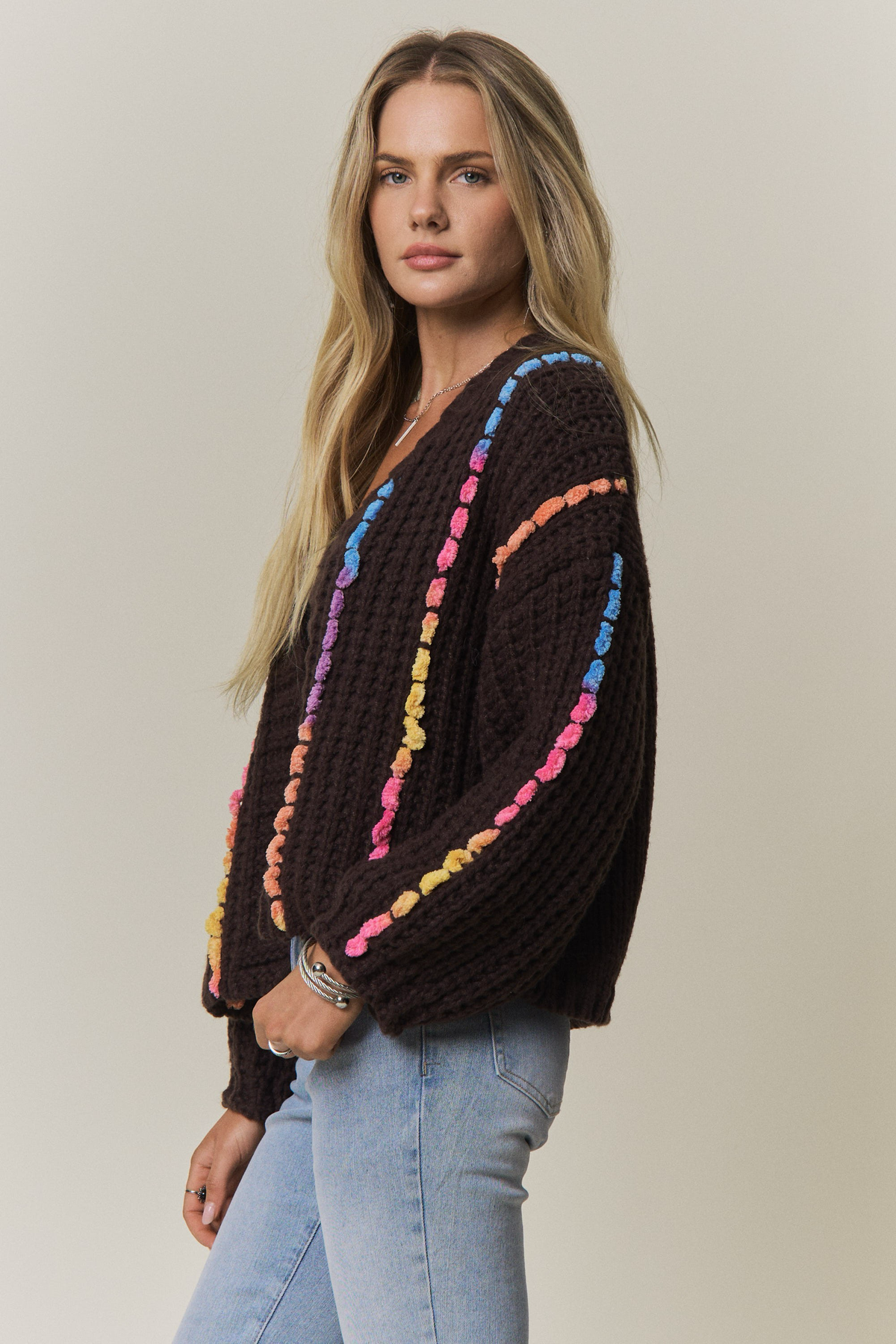 Multicolor Chunky Knit Open Front Cardigan