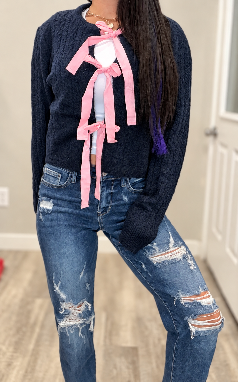 Contrast Ribbon Tie Front Cardigan