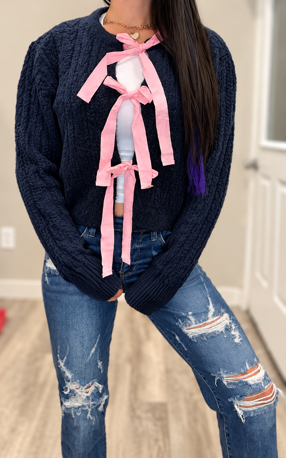 Contrast Ribbon Tie Front Cardigan