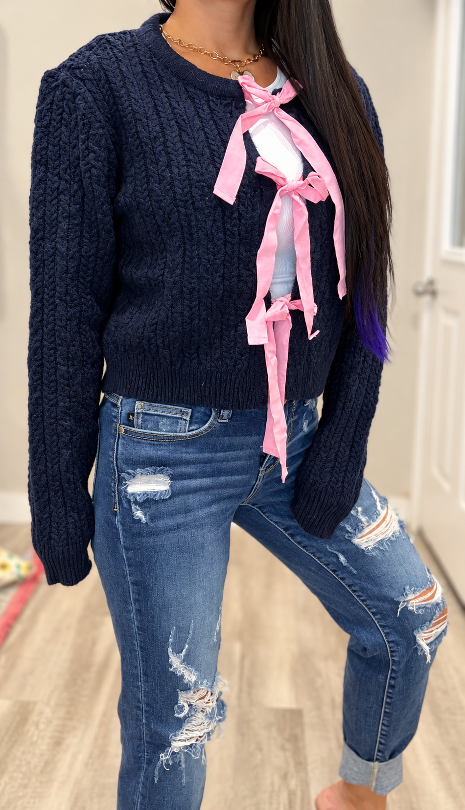 Contrast Ribbon Tie Front Cardigan