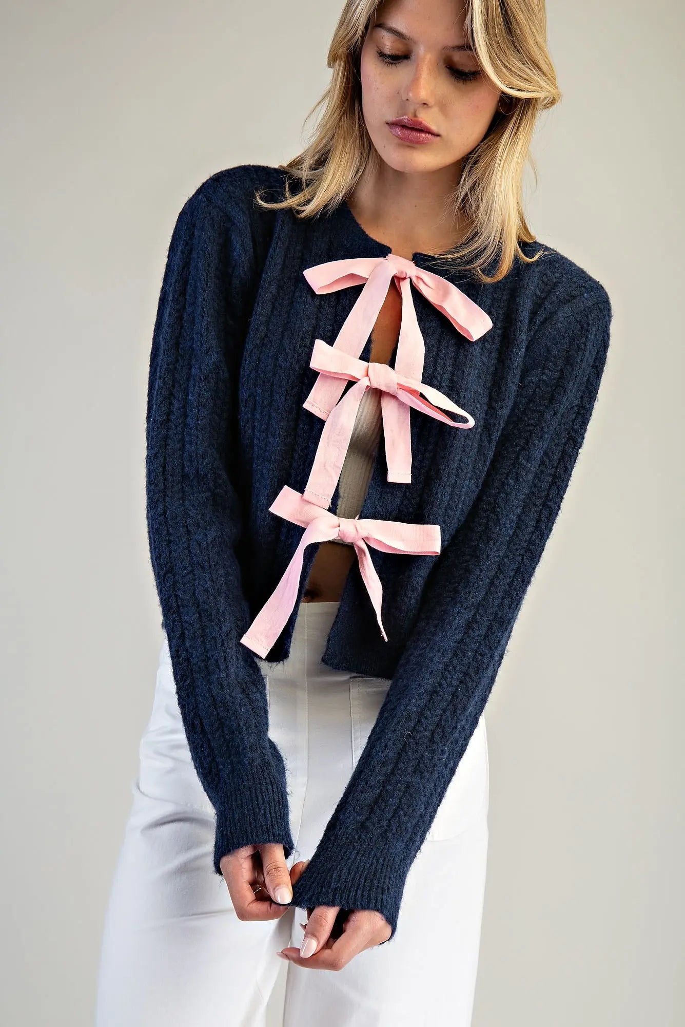 Contrast Ribbon Tie Front Cardigan
