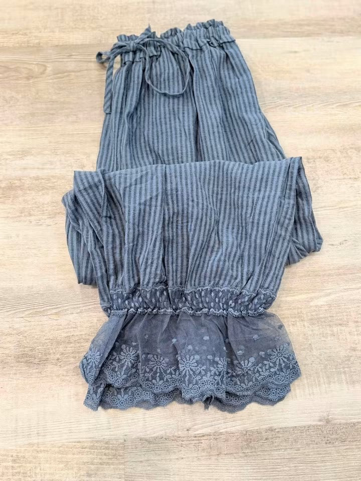 Striped Balloon Lace Hem Pants