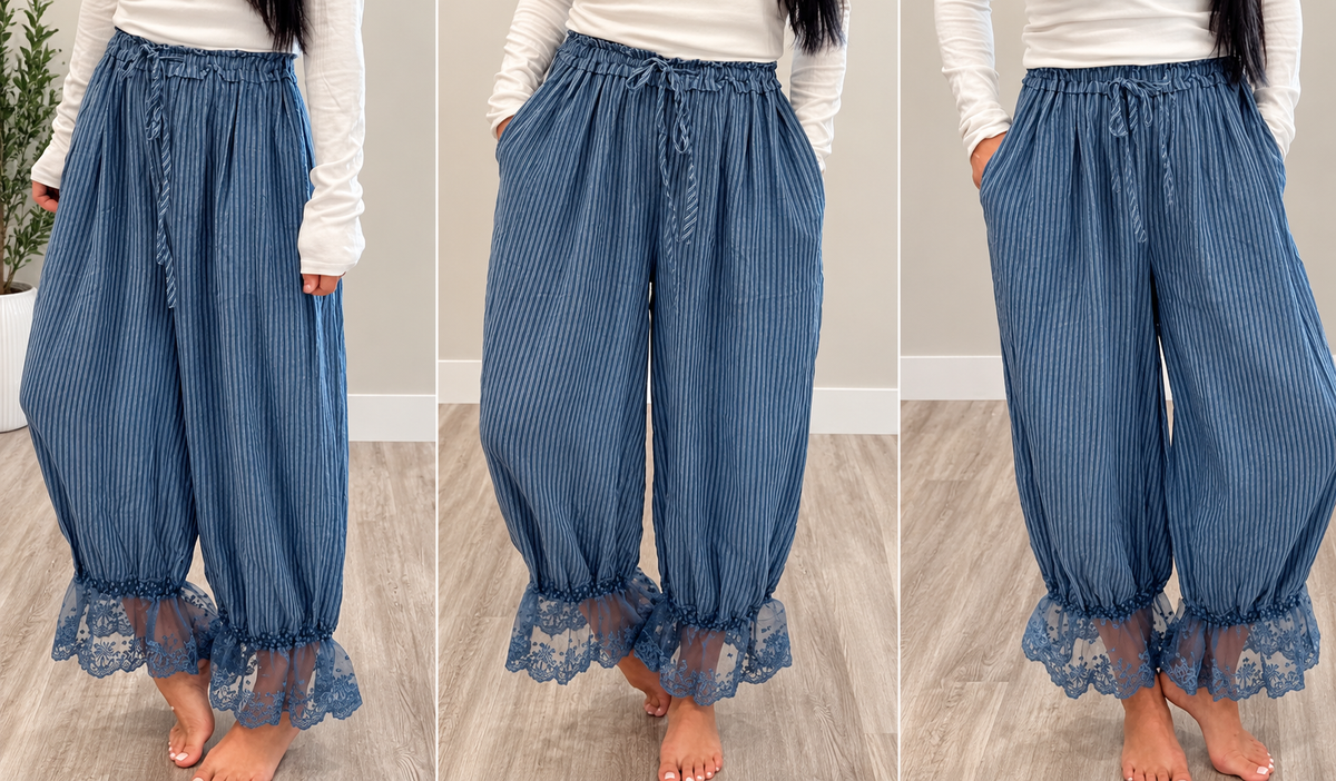 Striped Balloon Lace Hem Pants